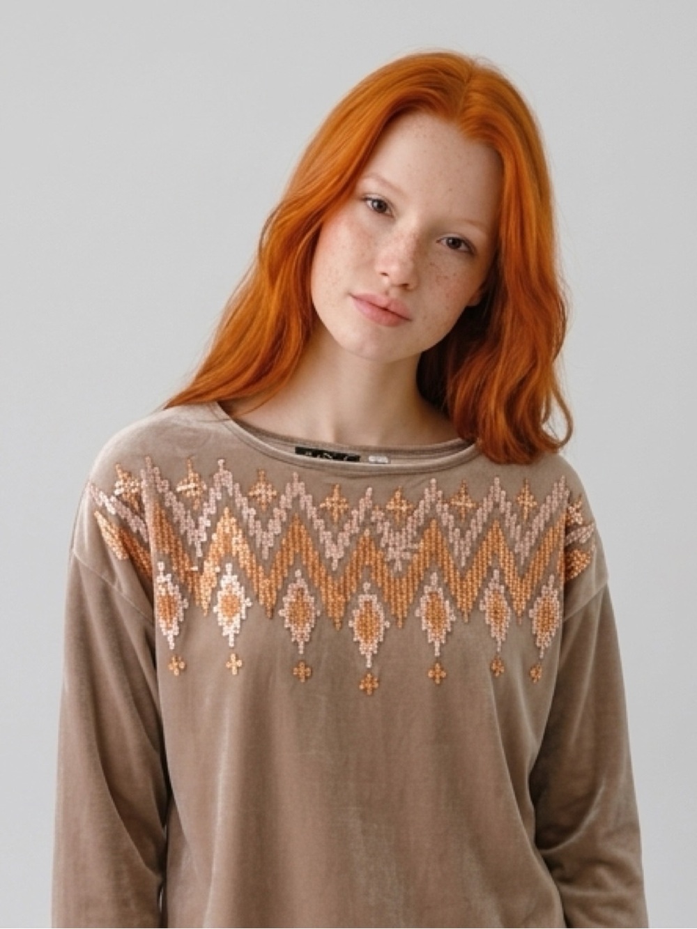 Bob Mackie Wearable Art Taupe Tunic with Gold Sequin Geo Yoke